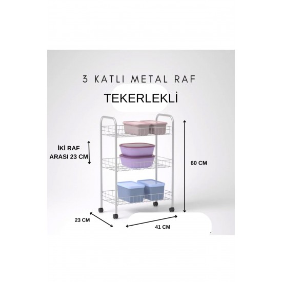 3 Katlı Metal Raf Tekerlekli- Düzenleyici - Organizatör (DEMONTE)