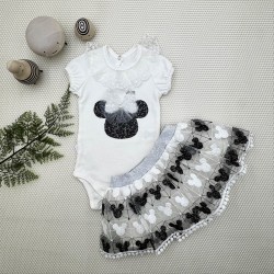 1-2-3 Yaş Payetli Mickey Nakışlı  Kısa Kollu Brode Etekli 2li Kız Bebek Takımı 1-2-3 Yaş Payetli Mickey Nakışlı  Kısa Kollu Brode Etekli 2li Kız Bebek Takımı