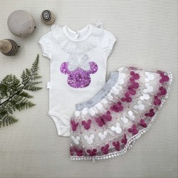 1-2-3 Yaş Payetli Mickey Nakışlı  Kısa Kollu Brode Etekli 2li Kız Bebek Takımı 1-2-3 Yaş Payetli Mickey Nakışlı  Kısa Kollu Brode Etekli 2li Kız Bebek Takımı