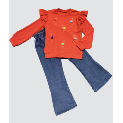 4-5-6 Yaş Kot Pantolonlu Flamingo Desenli Penye Sweat Uzun Kollu 2li Kız Çocuk Takımı 4-5-6 Yaş Kot Pantolonlu Flamingo Desenli Penye Sweat Uzun Kollu 2li Kız Çocuk Takımı