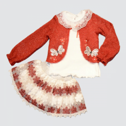 1-2-3 Yaş Brode Etekli Örme Hırkalı Uzun Kollu Sweat 3lü Kız Çocuk Takımı 1-2-3 Yaş Brode Etekli Örme Hırkalı Uzun Kollu Sweat 3lü Kız Çocuk Takımı