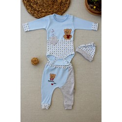 3-6 9-12 12-18 Ay Romantik Ayıcık Nakışlı Şapkalı Uzun Kollu Zıbınlı 3lü Kız-erkek Bebek Takımı