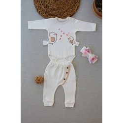 3-6 6-9 9-12 Ay Şarkıcı Kuşlar Nakışlı Bandanalı Uzun Kollu Zıbınlı 3lü Kız Bebek Takımı