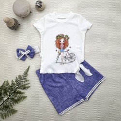1-2-3 Yaş Bisikletli Kız Baskılı Bandanalı Kot Desenli Şort Kısa Kollu Tişört 3lü Kız Bebek Takımı 1-2-3 Yaş Bisikletli Kız Baskılı Bandanalı Kot Desenli Şort Kısa Kollu Tişört 3lü Kız Bebek Takımı
