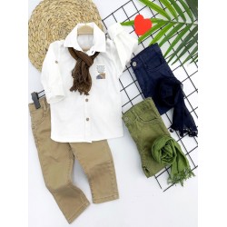 9-12-18-24 Ay Ve 3-4-5 Yaş Fularlı Pamuk Keten Gömlekli Pantolonlu 3lü Erkek Bebek Takımı 9-12-18-24 Ay Ve 3-4-5 Yaş Fularlı Pamuk Keten Gömlekli Pantolonlu 3lü Erkek Bebek Takımı