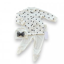 3-6-9-12 Ay Puantiyeli Şapkalı Çıtçıt Kapamalı Patikli 3lü Kız Bebek Takımı 3-6-9-12 Ay Puantiyeli Şapkalı Çıtçıt Kapamalı Patikli 3lü Kız Bebek Takımı