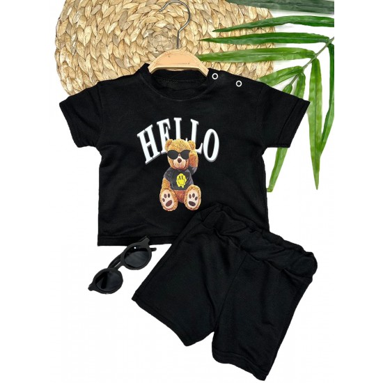 9-12-18-24 Ay Hello Gözlüklü Ayıcık Baskılı Şortlu Kısa Kollu Tişört 2li Erkek Bebek Takımı