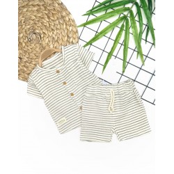 9-12-18-24 Ay Düğme Detaylı Çizgili Müslin Kumaş Yazlık 2li Erkek Bebek Takımı