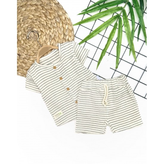 9-12-18-24 Ay Düğme Detaylı Çizgili Müslin Kumaş Yazlık 2li Erkek Bebek Takımı