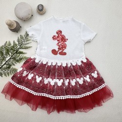 1-2-3 Yaş Payetli Mickey Baskılı Brode Etekli Kız Bebek Elbisesi 1-2-3 Yaş Payetli Mickey Baskılı Brode Etekli Kız Bebek Elbisesi