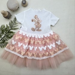 1-2-3 Yaş Payetli Mickey Baskılı Brode Etekli Kız Bebek Elbisesi 1-2-3 Yaş Payetli Mickey Baskılı Brode Etekli Kız Bebek Elbisesi