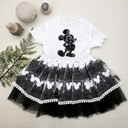 1-2-3 Yaş Payetli Mickey Baskılı Brode Etekli Kız Bebek Elbisesi 1-2-3 Yaş Payetli Mickey Baskılı Brode Etekli Kız Bebek Elbisesi