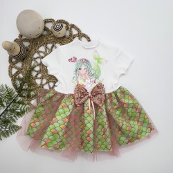 1-2-3 Yaş Denizkızı Baskılı Pul Desen Etekli Kız Bebek Elbisesi 1-2-3 Yaş Denizkızı Baskılı Pul Desen Etekli Kız Bebek Elbisesi