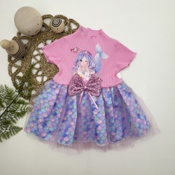 1-2-3 Yaş Denizkızı Baskılı Pul Desen Etekli Kız Bebek Elbisesi 1-2-3 Yaş Denizkızı Baskılı Pul Desen Etekli Kız Bebek Elbisesi