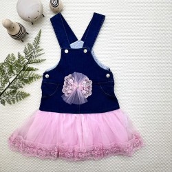 2-3-4 Yaş Fiyonklu Düğme Detaylı Tül Etek Kot Kumaş Salopet Kız Çocuk Elbisesi 2-3-4 Yaş Fiyonklu Düğme Detaylı Tül Etek Kot Kumaş Salopet Kız Çocuk Elbisesi