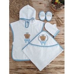 0-1 Yaş Bear Nakışlı Pareolu 4lü Erkek Bebek Havlu Silgi Takımı