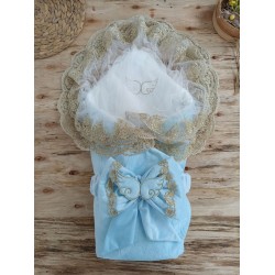 Yenidoğan Soft Kumru Melek Kanat Fiyonklu Gold Çift Dantel Duvaklı Trilüks Kundak Bebek Battaniyesi Yenidoğan Soft Kumru Melek Kanat Fiyonklu Gold Çift Dantel Duvaklı Trilüks Kundak Bebek Battaniyesi