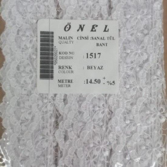 Dantel Polyester Sanal Tül Bant Beyaz 14,50 Metre En 6 Cm On-1517-b