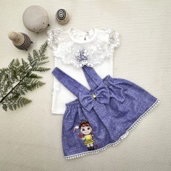 1-2-3 Yaş Bayan Arı Nakışlı Kot Desenli Etek Pamuklu Kumaş 2li Kız Bebek Salopet Takımı 1-2-3 Yaş Bayan Arı Nakışlı Kot Desenli Etek Pamuklu Kumaş 2li Kız Bebek Salopet Takımı