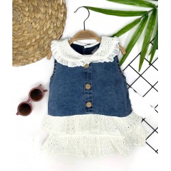 6-9-12-18 Ay Güpür Yaka Ve Etek Detaylı Kot Kilotlu Etek Kız Bebek Elbisesi 6-9-12-18 Ay Güpür Yaka Ve Etek Detaylı Kot Kilotlu Etek Kız Bebek Elbisesi