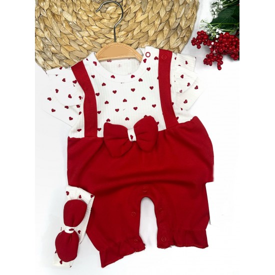 3-6-9-12 Ay Bandanalı Piti Kalp Baskılı Salopet Görünümlü 2li Kız Bebek Takımı