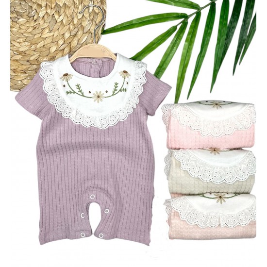 3-6-9-12 Ay Bebe Yaka Çiçek Nakışlı Pamuklu Petek Penye Yazlık Kız Bebek Tulumu