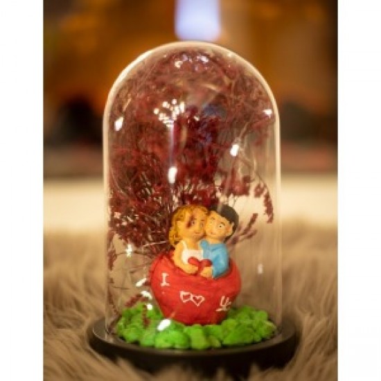 Fanus Teraryum Sevgiliye Hediye Sevgili Figürlü Işıklı Kuru Çiçekli