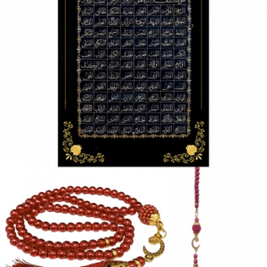 Namaz Tesbihi Vavlı 99lu Cam İncili Esmaul Hüsna Dua Kartı İle Fuşya Renk Hediyelik