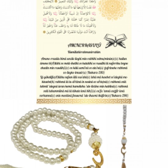 Namaz Tesbihi Vavlı 99lu Cam İncili Amenerrasulü Dua Kartı İle Krem Renk Hediyelik