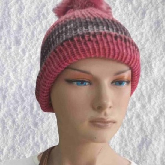 El Örgüsü Doğal Yün Ve Akrilik Karışımlı Sıcacık Kış Beresi Koyu Pembe Karışık