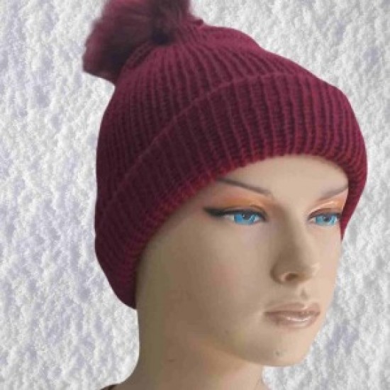El Örgüsü Doğal Yün Ve Akrilik Karışımlı Sıcacık Kış Beresi Bordo Renk