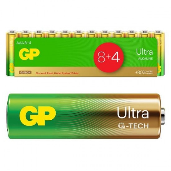 GP 24AU G-TECH 8+4 12Lİ PAKET AAA ALKALİN İNCE KALEM KUMANDA PİLİ (8 ADET FİYATINA 12 ADET PİL)