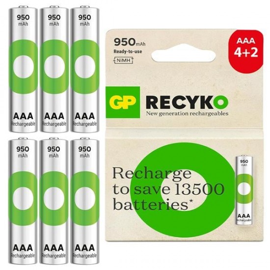 GP BATTERİES RECYKO 950MAH AAA İNCE KALEM 6 ADET Nİ-MH ŞARJLI PİL 1.2 VOLT