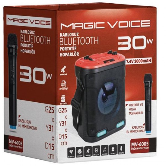 MAGICVOICE MV-6005 VHF EL MİKROFONU+USB+SD+BT 30 WATT IŞIKLI TAŞINABİLİR ŞARJLI SEYYAR ANFİ