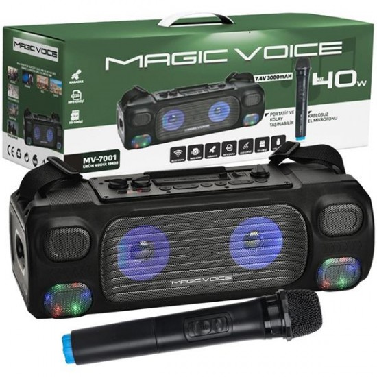 MAGICVOICE MV-7001 VHF EL MİK USB+SD+BT+UK 40 WATT IŞIKLI ŞARJLI SEYYAR ANFİ