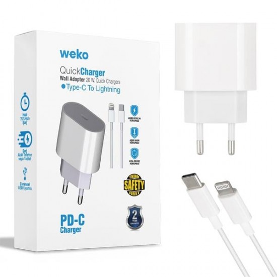 WEKO WK-21443 PD-C 20 WATT TYPE-C ŞARJ BAŞLIK ADAPTÖRÜ + TYPE-C TO LIGHTNING KABLO (NO:9)