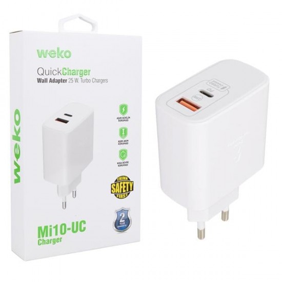 WEKO WK-21446 Mİ10-UC 25 WATT 3.0 AMPER TYPE-C + USB ŞARJ BAŞLIK ADAPTÖRÜ