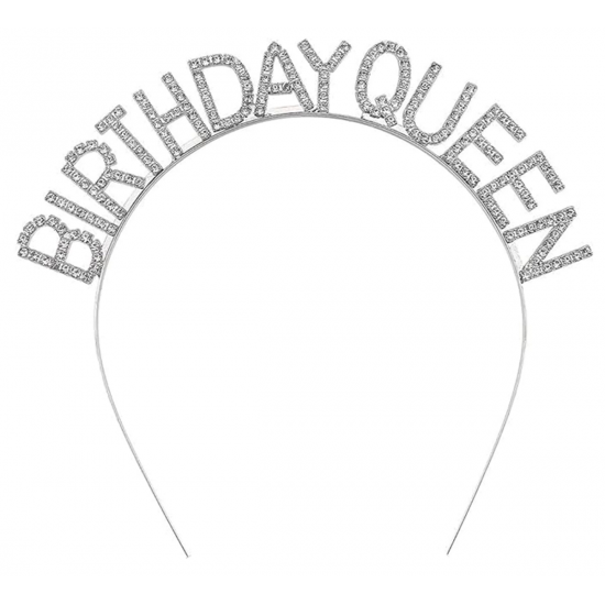 Gümüş Renk Kristal Taşlı Parlak Birthday Queen Yazılı Kraliçe Taç 16x17 Cm