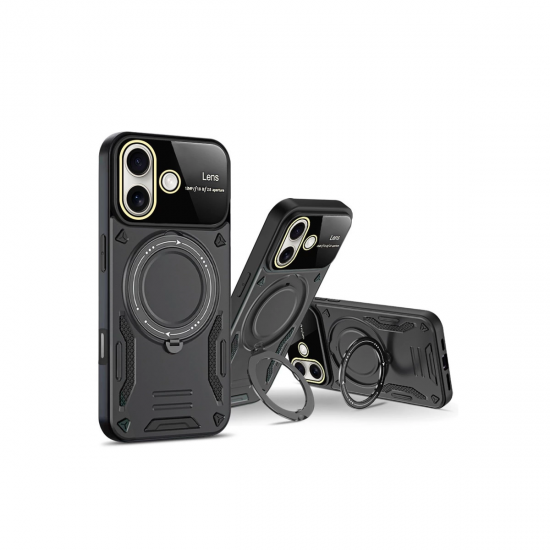 İphone 16 Kılıf Joy Lens Standlı Kapak - Siyah