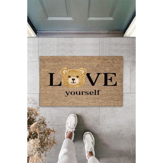 Kahverengi Kapı Önü Paspası Love Yourself Ayıcık Desen  K-3329