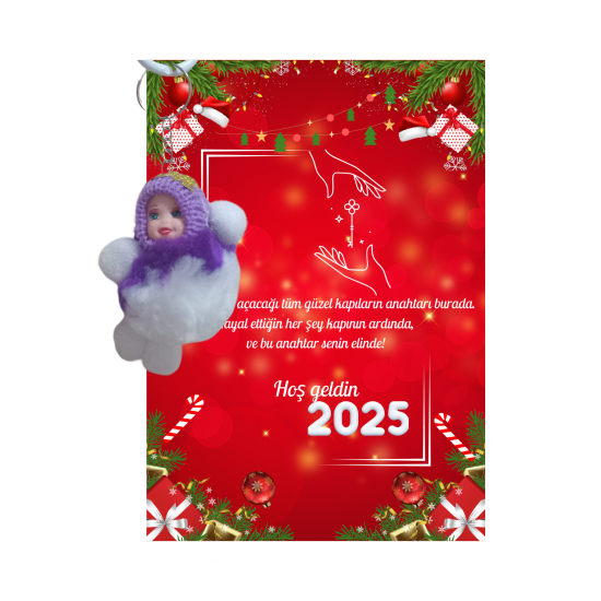 Yeni Yıl 2025 Kart Üzerinde Anahtarlık (Kişiye Özel Yazı Yazdırılabilir) Peluş Bebek 