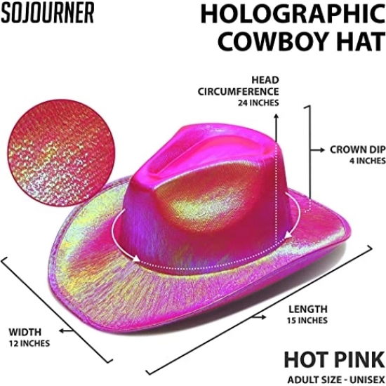 Neon Hologramlı Kovboy Model Parti Şapkası Fuşya Yetişkin 39x36x14 Cm