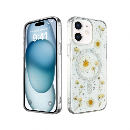 Newface İphone 12 Kılıf Daisy Simli Magsafe Kapak - Gümüş