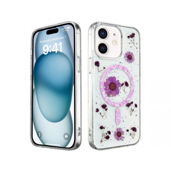 Newface İphone 12 Kılıf Daisy Simli Magsafe Kapak - Mor