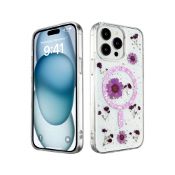 Newface İphone 15 Pro Kılıf Daisy Simli Magsafe Kapak - Mor