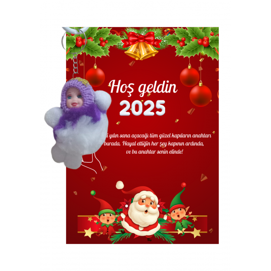 Yeni Yıl Noel Baba Kart Üzerinde Anahtarlık (Kişiye Özel Yazı Yazdırılabilir) Peluş Bebek 