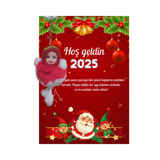 Yeni Yıl Noel Baba Kart Üzerinde Anahtarlık (Kişiye Özel Yazı Yazdırılabilir) Peluş Bebek 5 adet