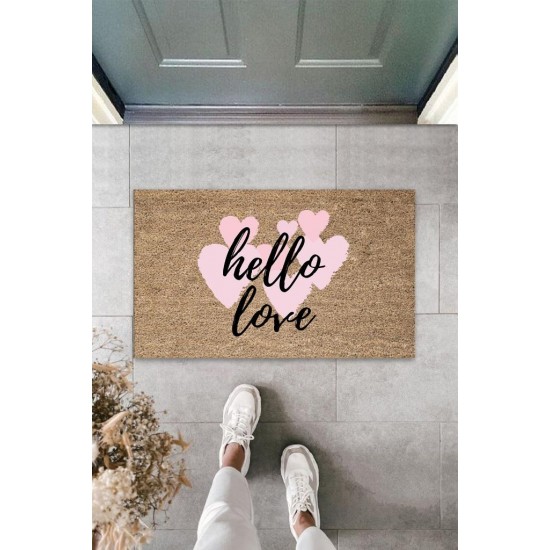 Pembe Kapı Önü Paspası Hello Love Desen  K-3291