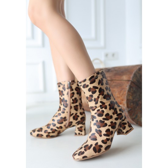 Birta Leopar Cilt Streç Topuklu Bot