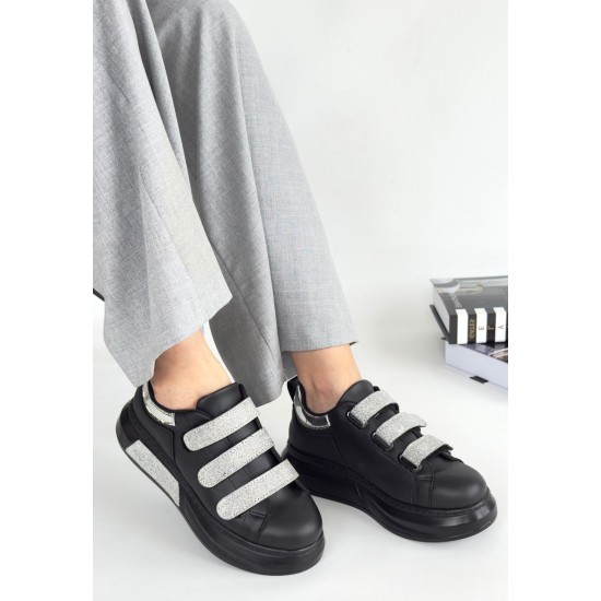 Elika Siyah Cilt Simli Cırt Cırtlı Spor Ayakkabı